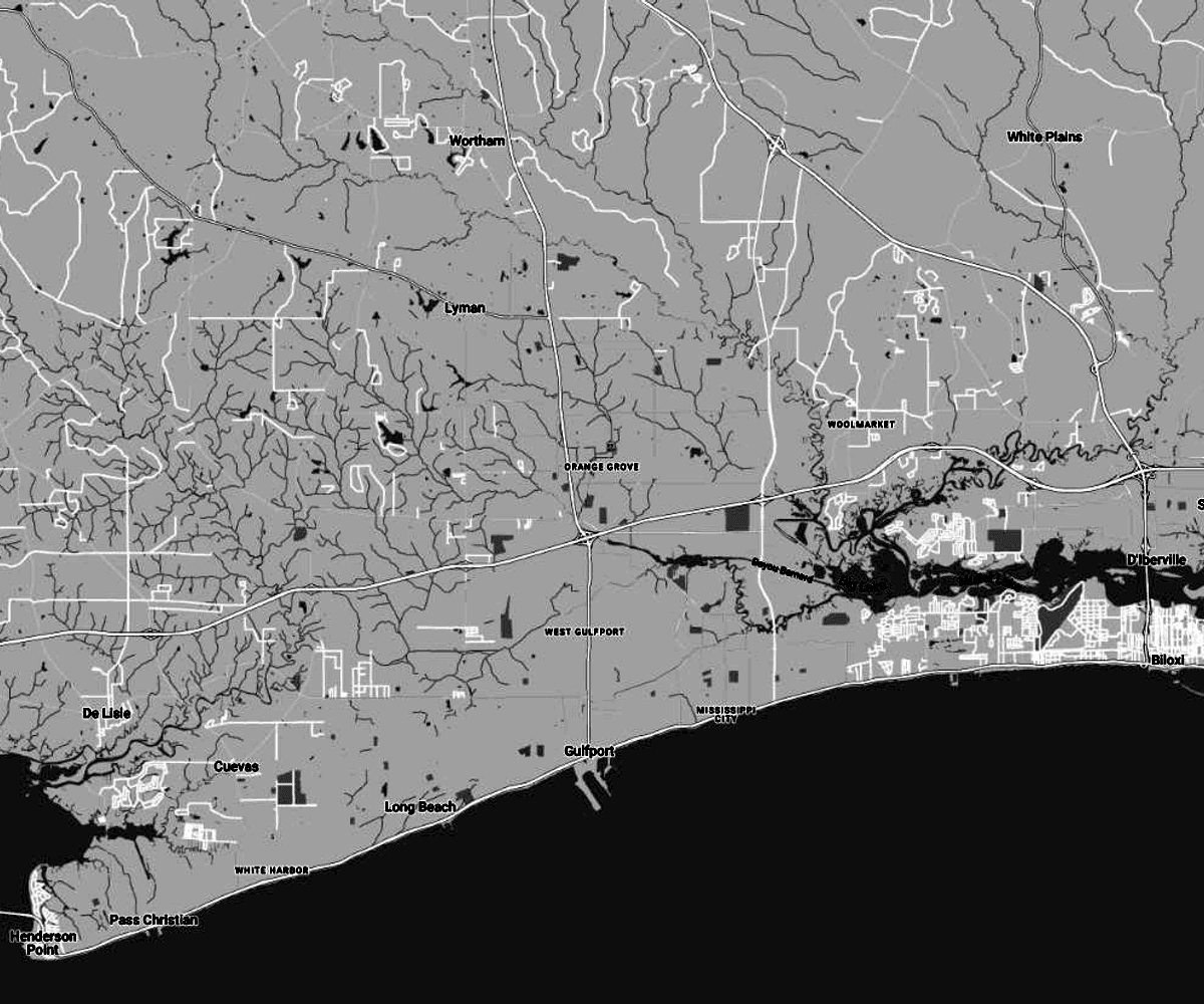 Greyscale map of the Mississippi Gulf Coast service area